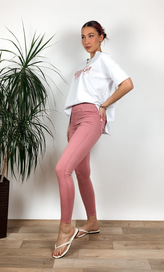Pružné kalhoty s vysokým pasem - pudrově růžová