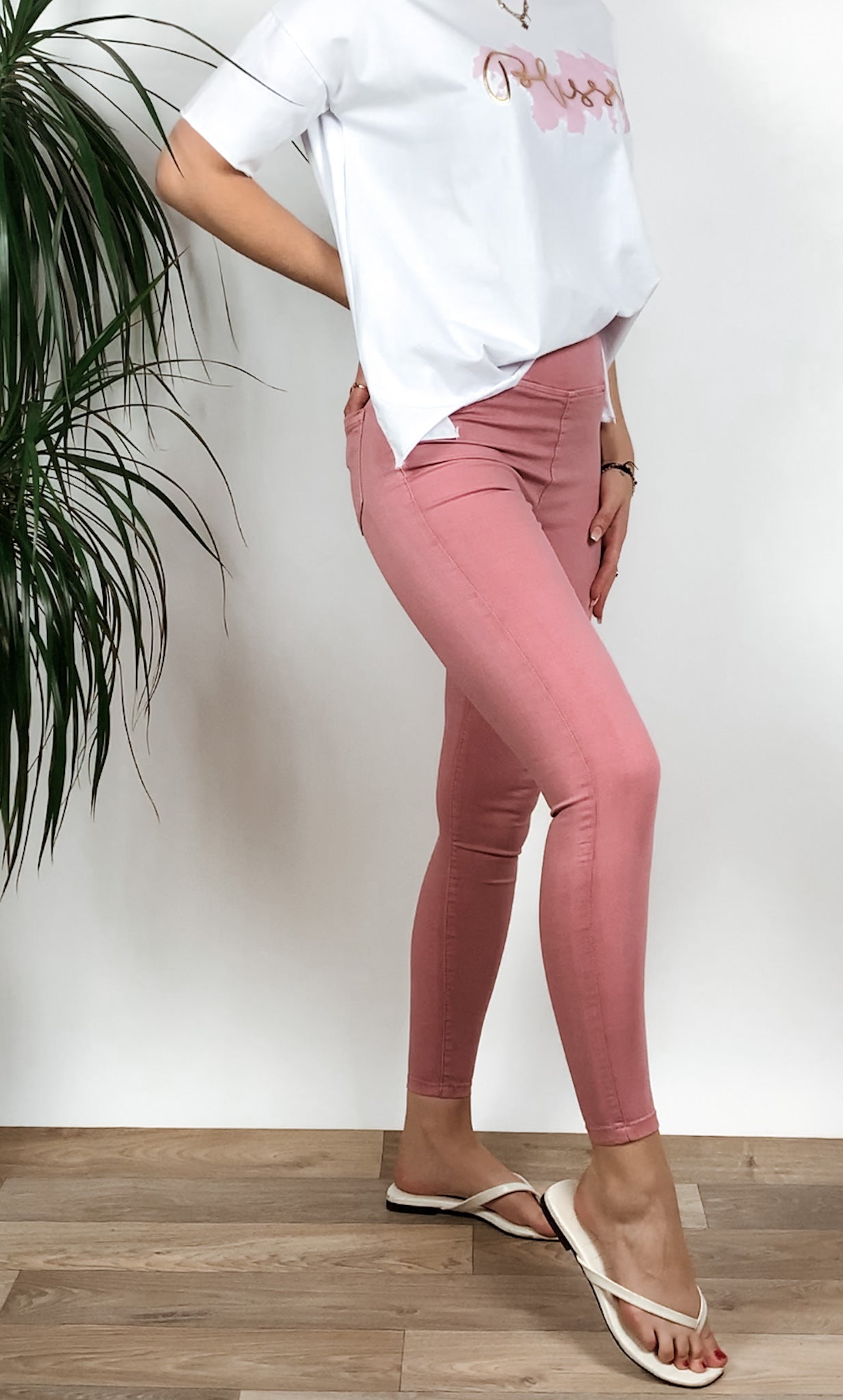 Pružné kalhoty s vysokým pasem - pudrově růžová