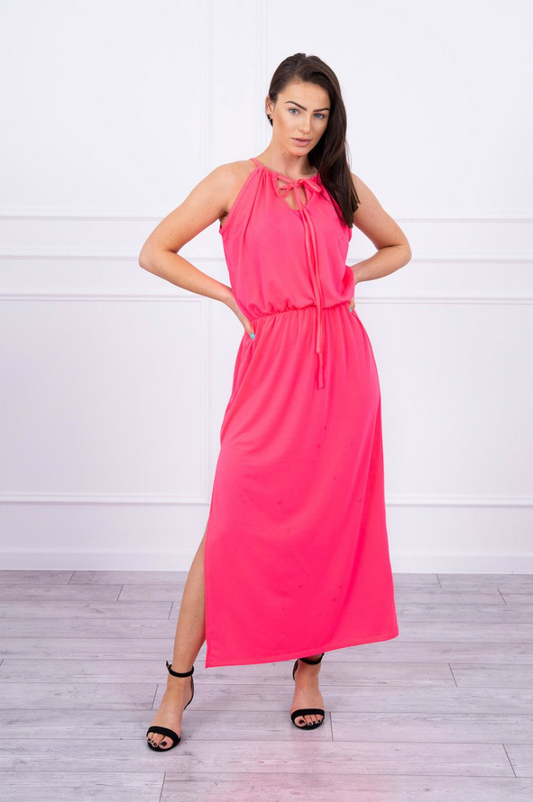 Dlouhé šaty s gumou v pase - neon pink - 8893