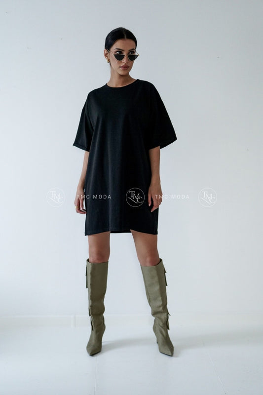 Bavlněné šaty bez aplikace s krátkým rukávem - černé (BLK146-24)
