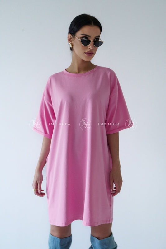 Bavlněné šaty bez aplikace s krátkým rukávem - růžová (BLK146-24)
